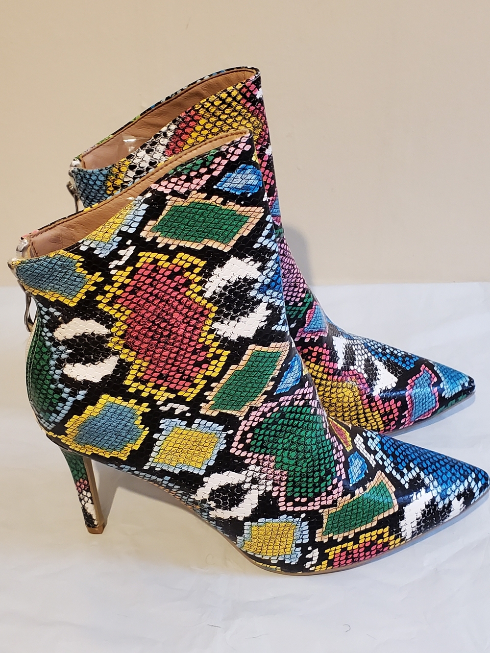 Colorful Snake-Print Pointed Toe Stiletto Ankle Boots - Multicolor Size 11